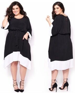 Melissa McCarthy Seven7 Colorblock Midi Dress High Low Drapey Black White Plus